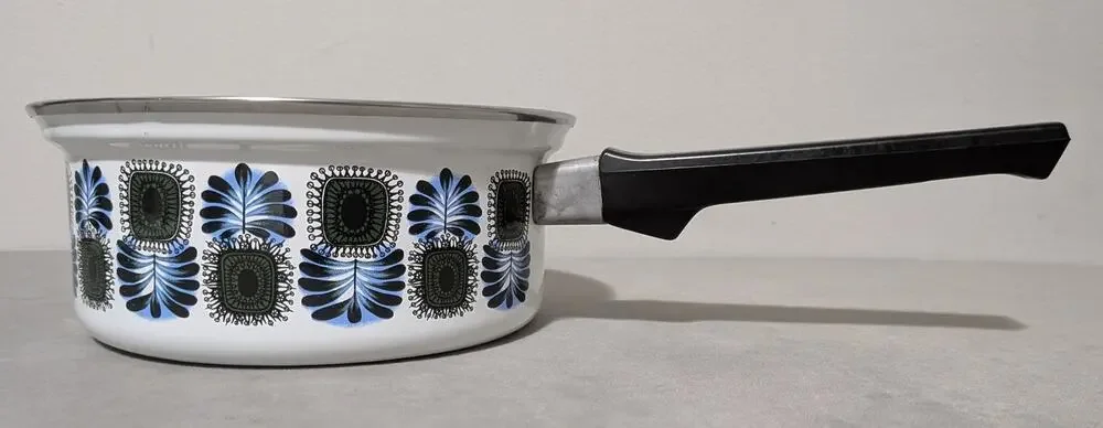 Vintage Austria Email Enamel Saucepan MCM Blue Green Peacock Universal Pot 1970s
